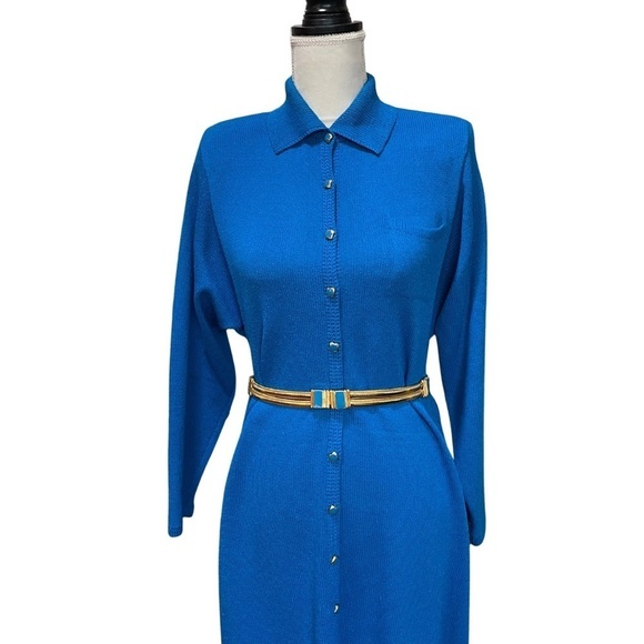St. John by Marie Gray Knit Sweater Collard Dress With Gold and Blue Belt - Picture 3 of 16